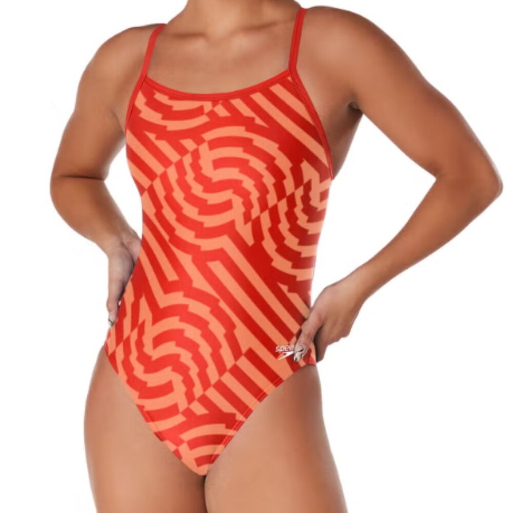 Speedo Red and Coral Geometric One-Piece Swimsuit